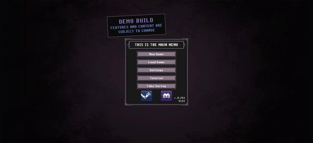 DepthLoot demo main menu with New Game, Load Game, Settings, Tutorial and Take Survey buttons