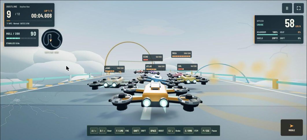 DUSTLINE race in progress: the player's drone behind a pack of rival drones, with the key hints along the bottom
