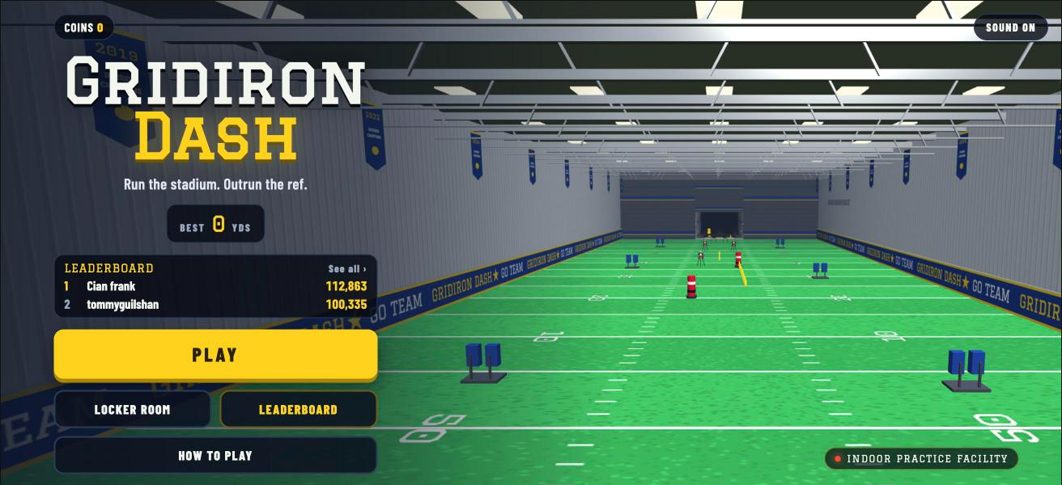Gridiron Dash title screen with Play, Locker Room, Leaderboard and How to Play buttons over an indoor football field