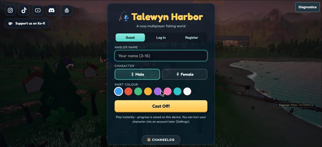 Talewyn Harbor guest sign-in card with name, character and shirt colour, over a view of the harbor